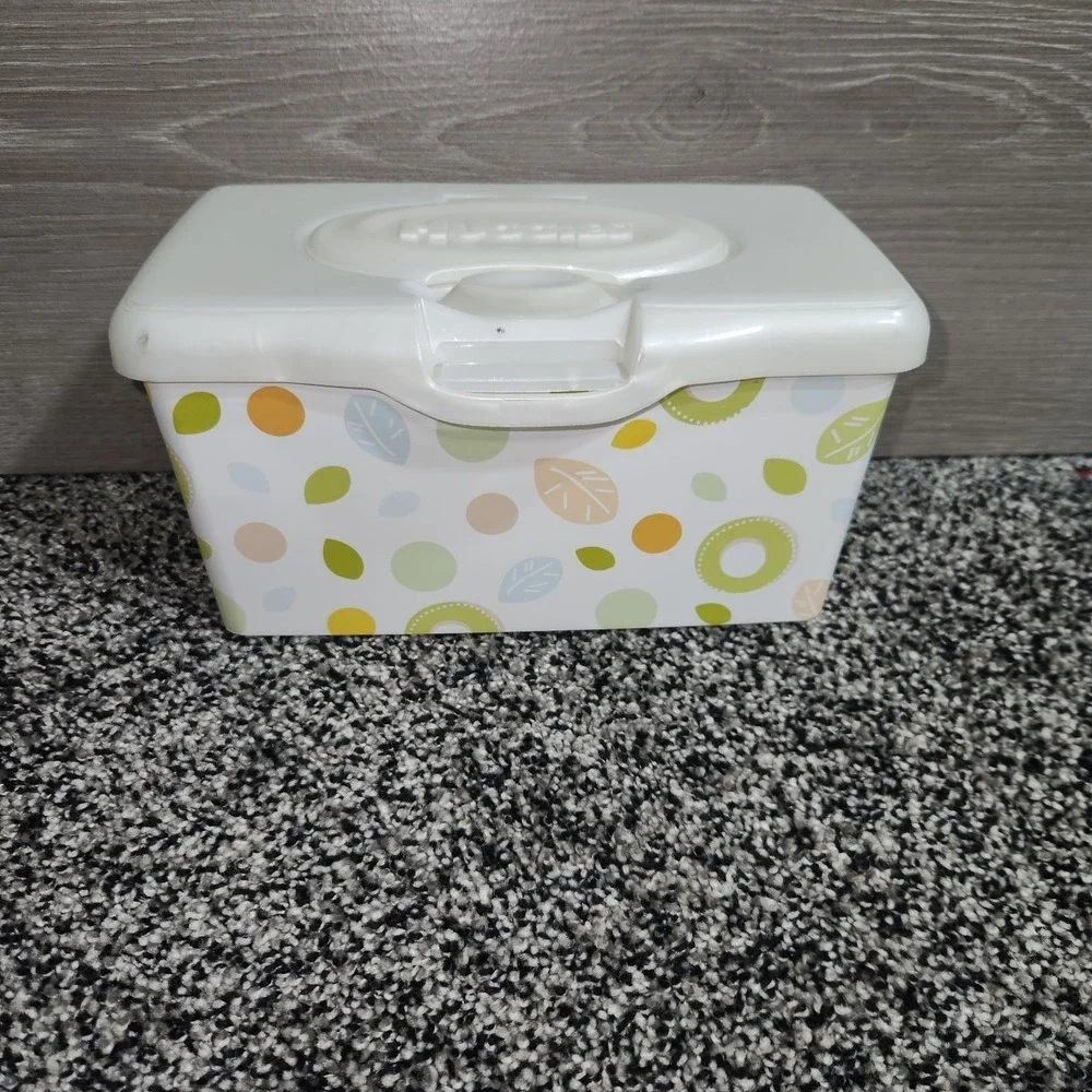 Huggies Baby Wipes Container EMPTY Wipe Case Holder White Leaves Circles Nature